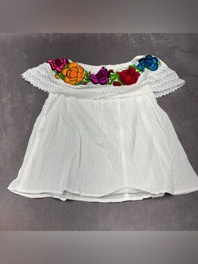 Mexican Off Shoulder White Top vibrant Multicolor Floral embroidered women’s L